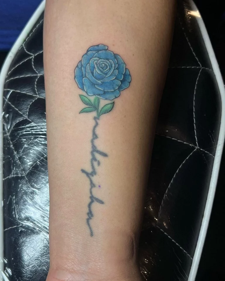 Blue Rose Script Line Tattoo