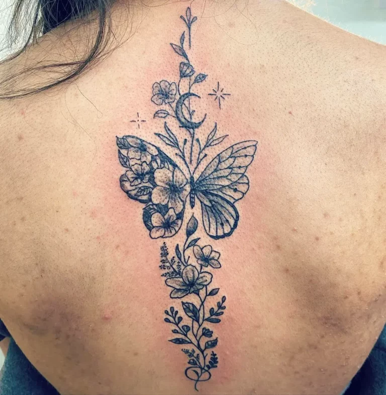 Butterfly Floral Spine Tattoo