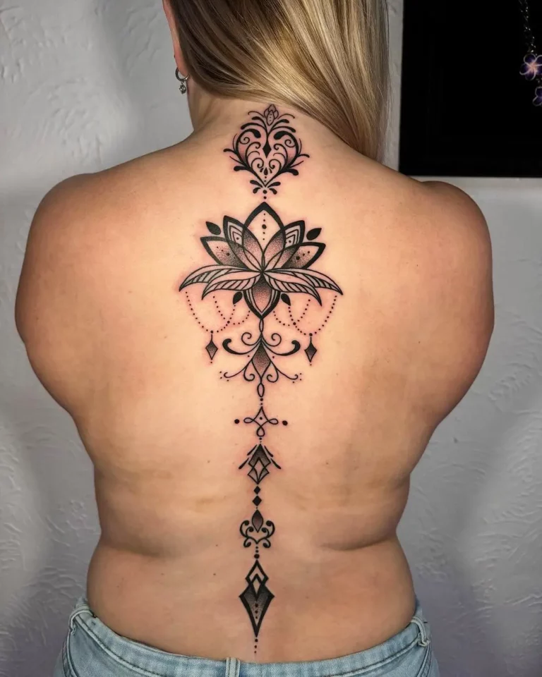 Symmetrical Lotus Spine Tattoo
