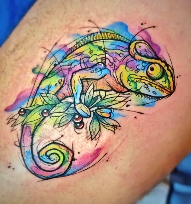 Vibrant Chameleon Watercolor Tattoo