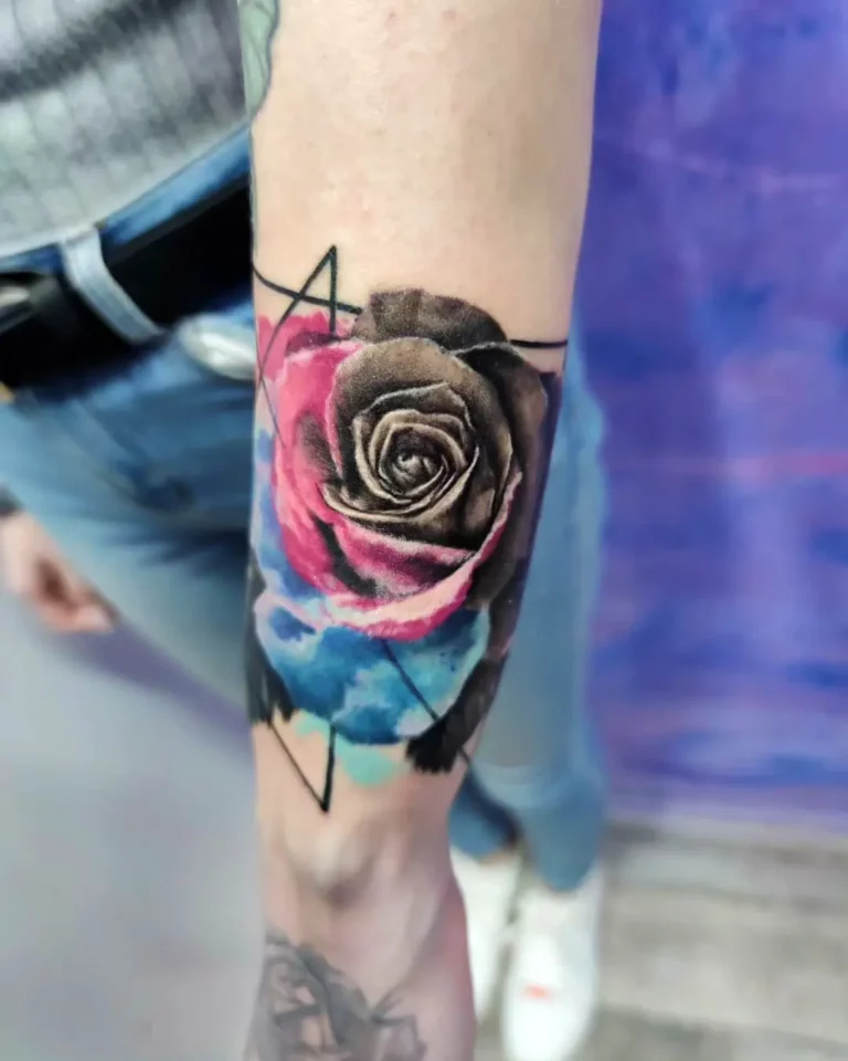 Watercolor Rose Geometric Tattoo