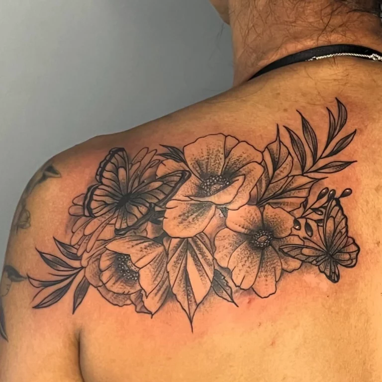 Botanical Butterfly Shoulder Tattoo